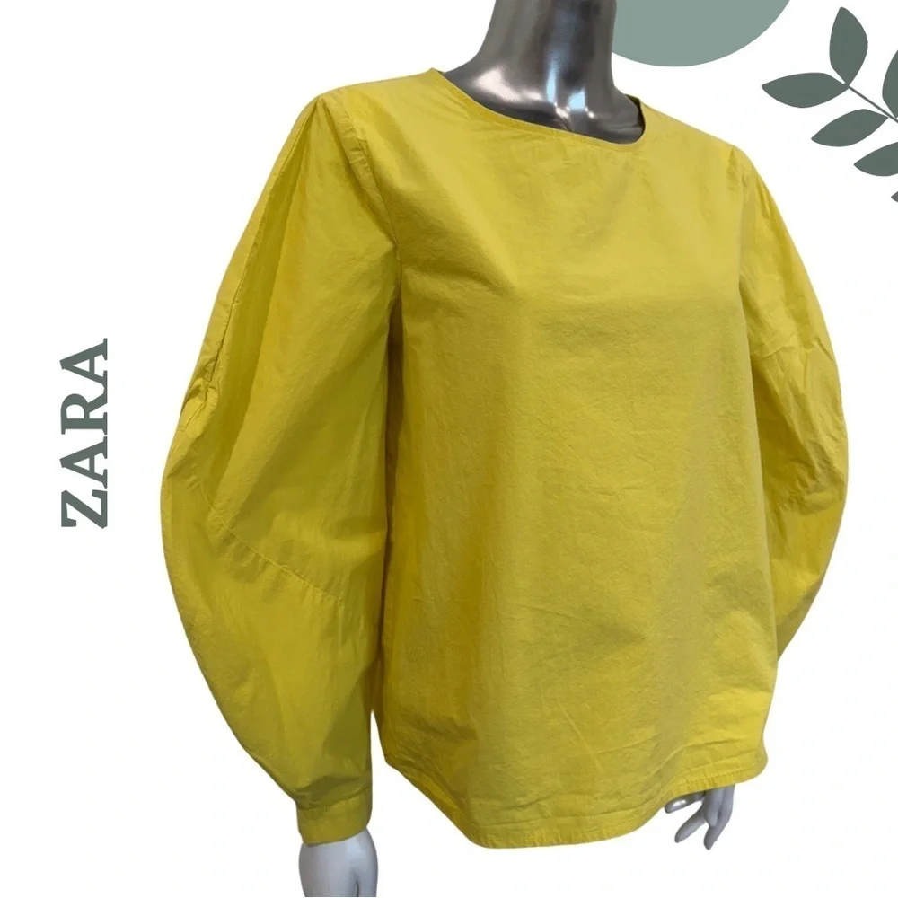 🛍️3/$40 ZARA Collection Yellow Poplin Cotton Balloon Sleeve Blouse – Size Small - Picture 4 of 7